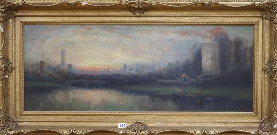 J.Hammond, oil on board, River landscape at sunset, signed, 33 x 86cm.